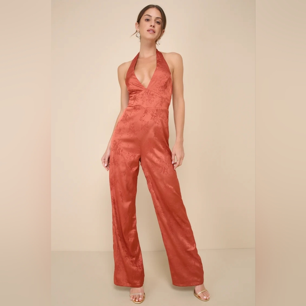 Elegant Aspect Rust Floral Jacquard Halter Jumpsuit